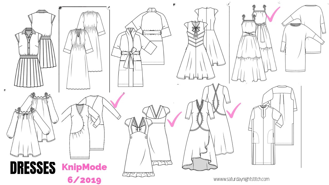 Line drawings of dresses from Knipmode 6/2019 sewing magazine. There are 2 rows and 6 columns.